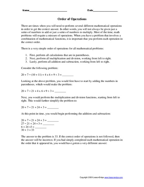 Order of Operations Worksheet