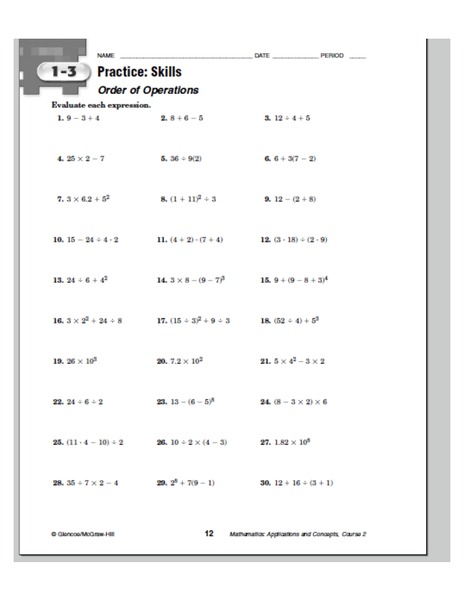 Order of Operations Worksheet