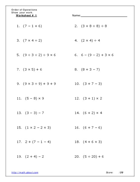Order of Operations Worksheet