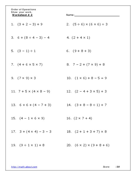Order of Operations Worksheet