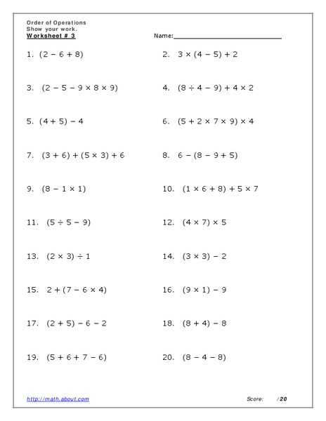 Order of operations Worksheet