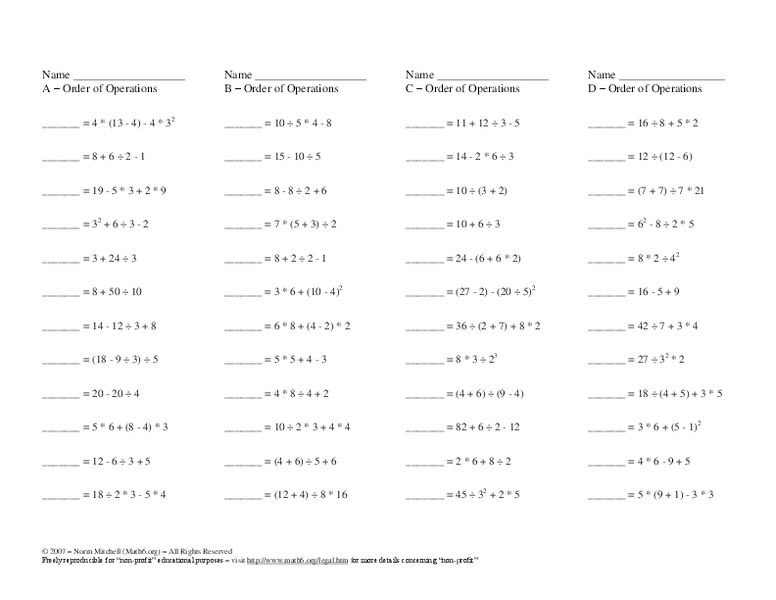 Order of operations Worksheet