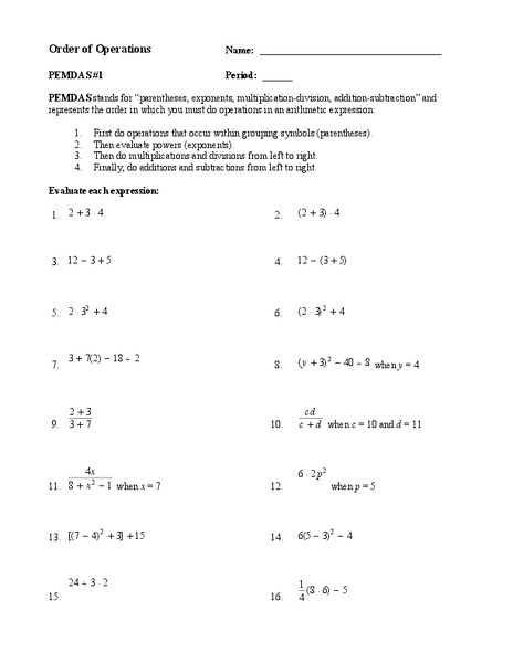 Order of Operations Worksheet