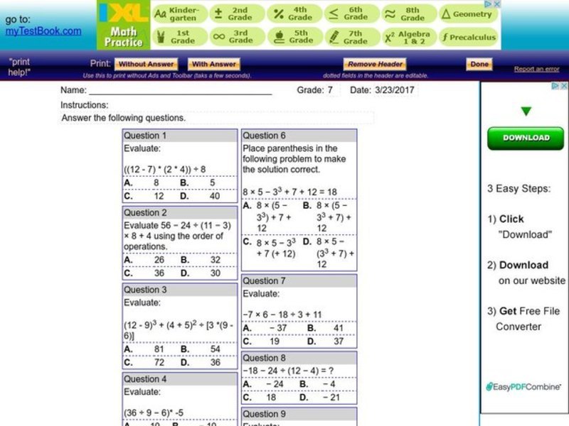 Order of Operations Worksheet