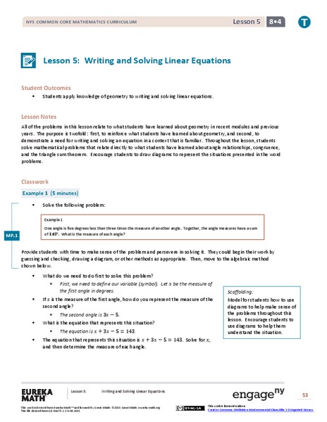 Writing and Solving Linear Equations Lesson Plan