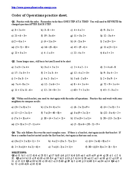 Order of Operations Worksheet