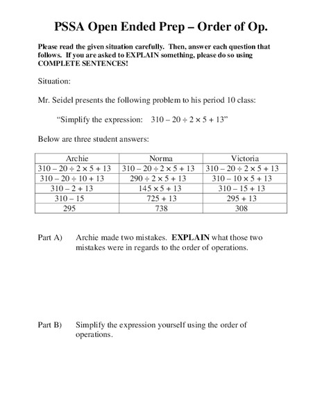 Order of Operations Worksheet