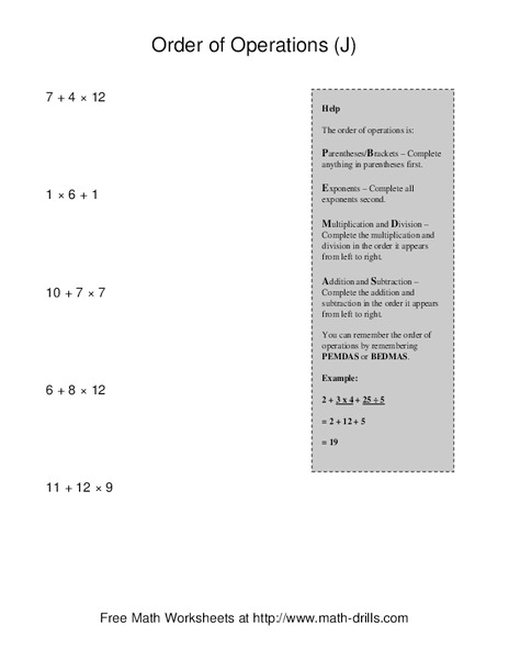 Order Of Operations (J) Worksheet