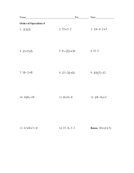Order of Operations 4 Worksheet