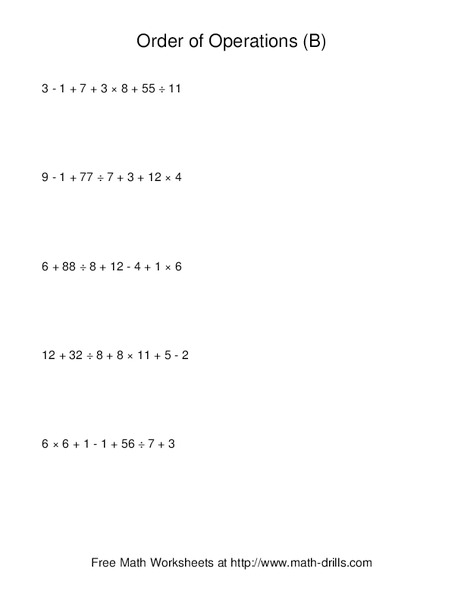 Order of Operations B Worksheet