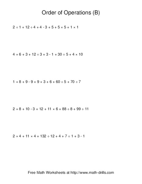 Order of Operations B Worksheet