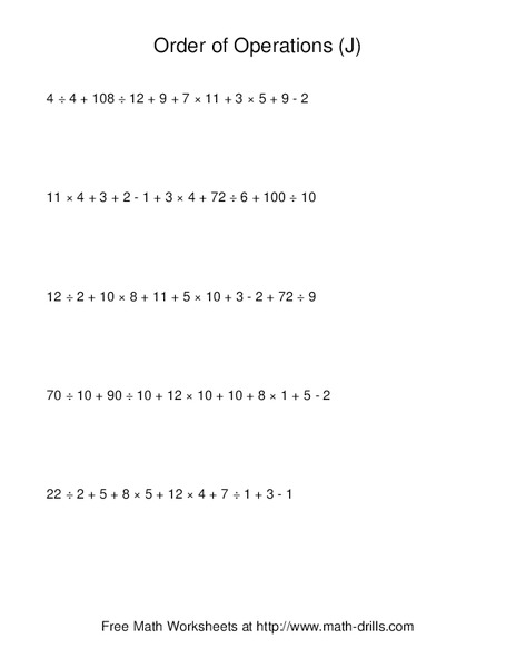 Order of Operations J Worksheet
