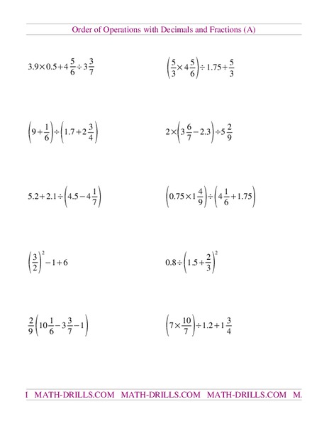 Order of Operations with Decimals and Fractions (A) Worksheet