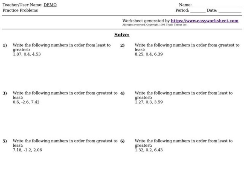 Ordering Decimal Numbers Worksheet