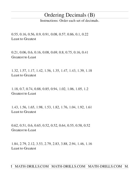 Ordering Decimals (B) Worksheet