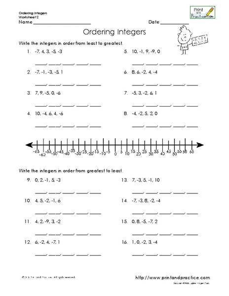 Ordering Integers Worksheet