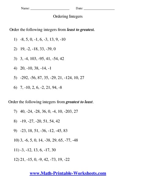 Ordering Integers Worksheet