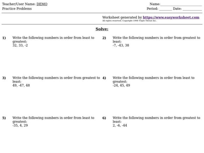 Ordering Integers Worksheet