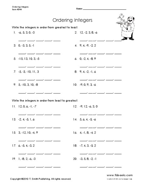 Ordering Integers Worksheet