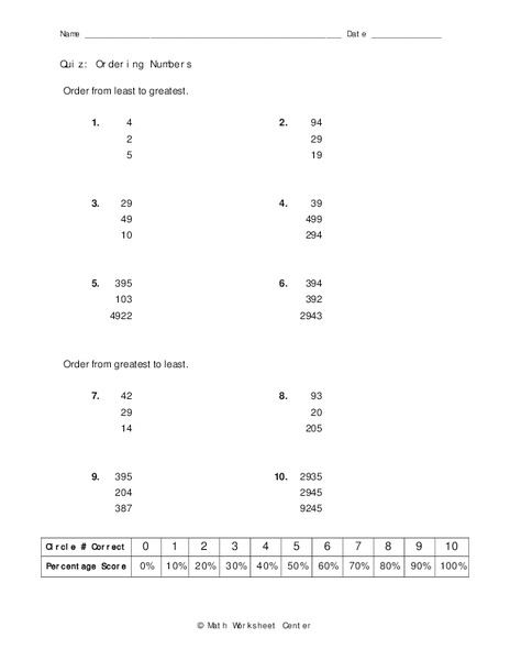 Ordering Numbers Worksheet
