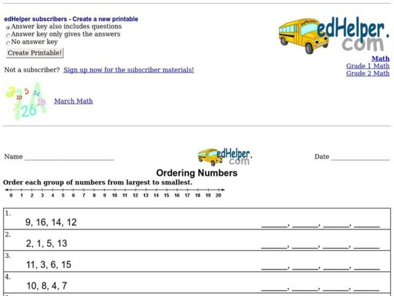 Ordering Numbers Worksheet