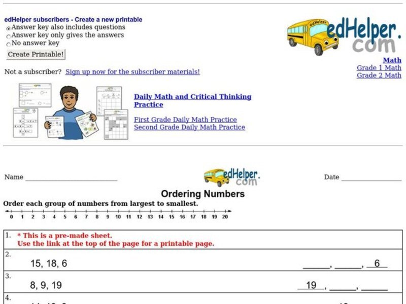 Ordering Numbers Worksheet