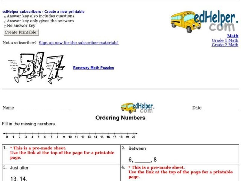Ordering Numbers Worksheet