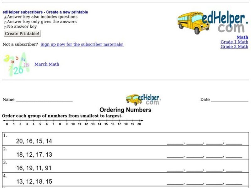 Ordering Numbers Worksheet