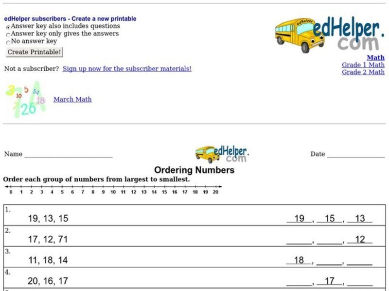 Ordering Numbers Worksheet