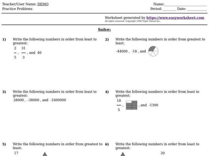 Ordering Numbers Worksheet