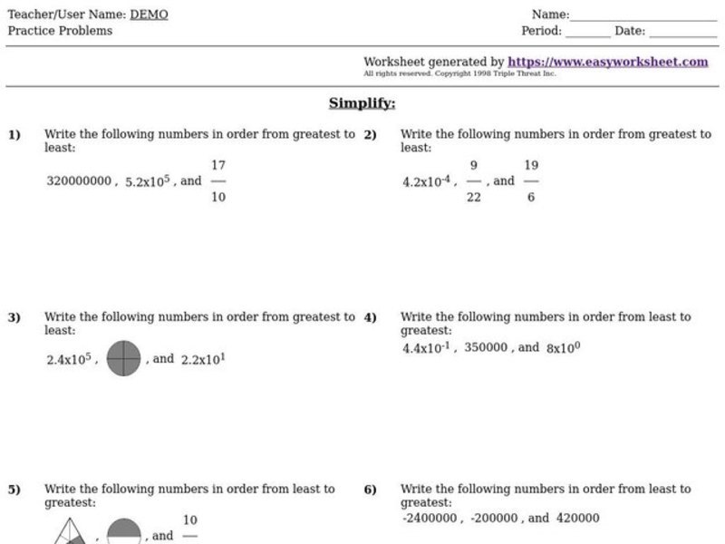 Ordering Numbers Worksheet