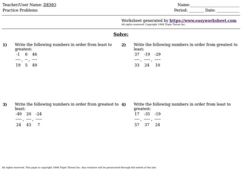Ordering Numbers Worksheet
