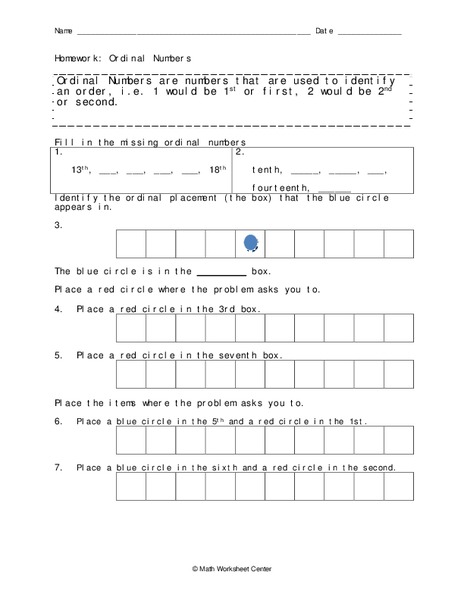 Ordinal Numbers Worksheet