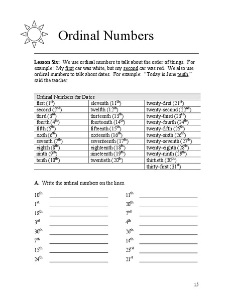 Ordinal Numbers Worksheet