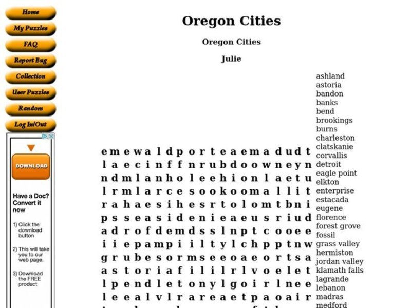 Oregon Cities Worksheet