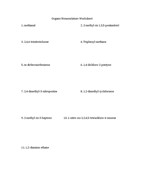 Organic Nomenclature Worksheet Worksheet