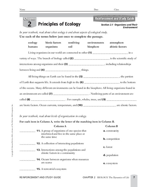 Organisms and Their Environment Worksheet