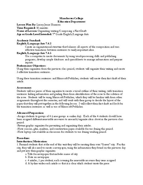 Organizing Writing/Composing a First Draft Lesson Plan