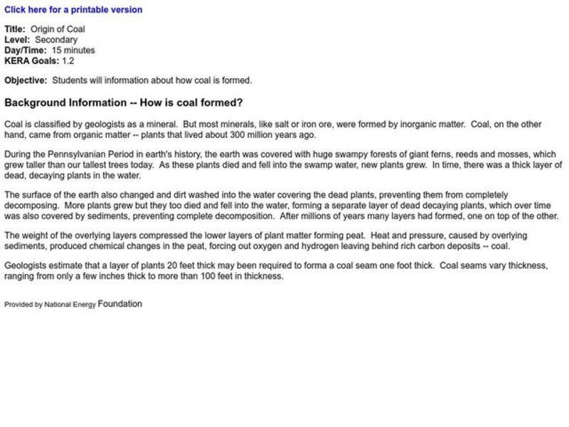 Origin of Coal Lesson Plan