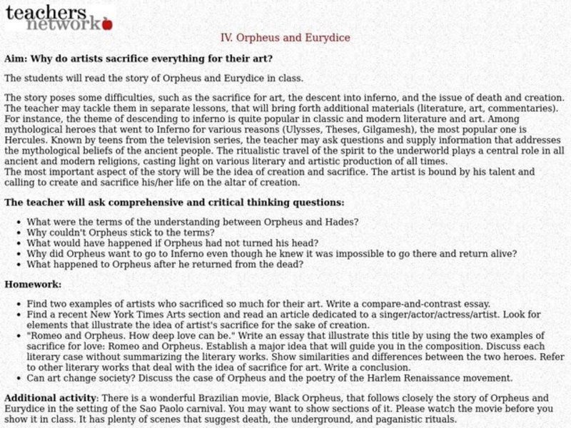 Orpheus and Eurydice Worksheet for 12th - Higher Ed | Lesson Planet