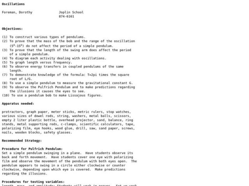 Oscillations Lesson Plan