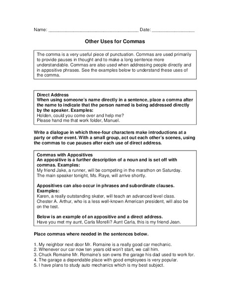 Other Uses for Commas Worksheet