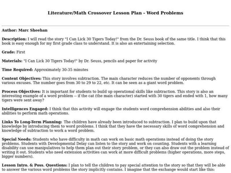 Literature/Math Crossover Lesson Plan - Word Problems Lesson Plan