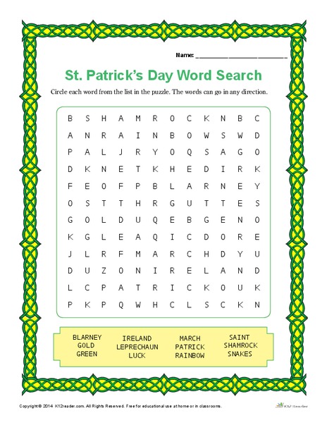 St. Patrick’s Day Word Search Worksheet