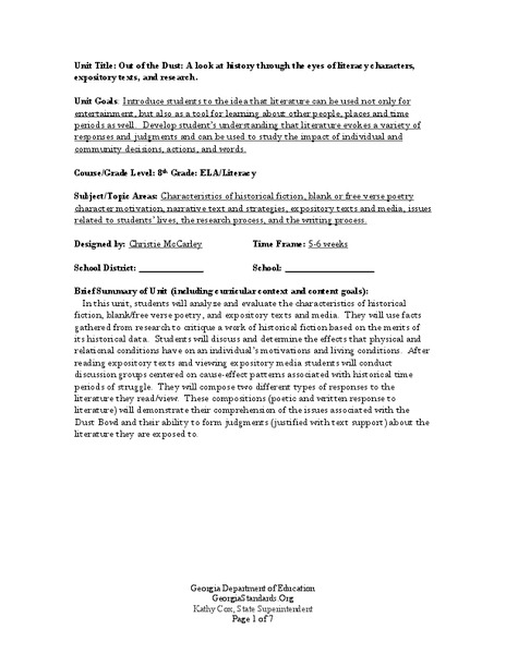 Out of the Dust Lesson Plan