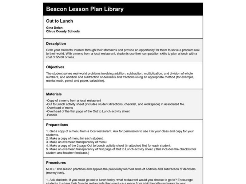 Out to Lunch Lesson Plan