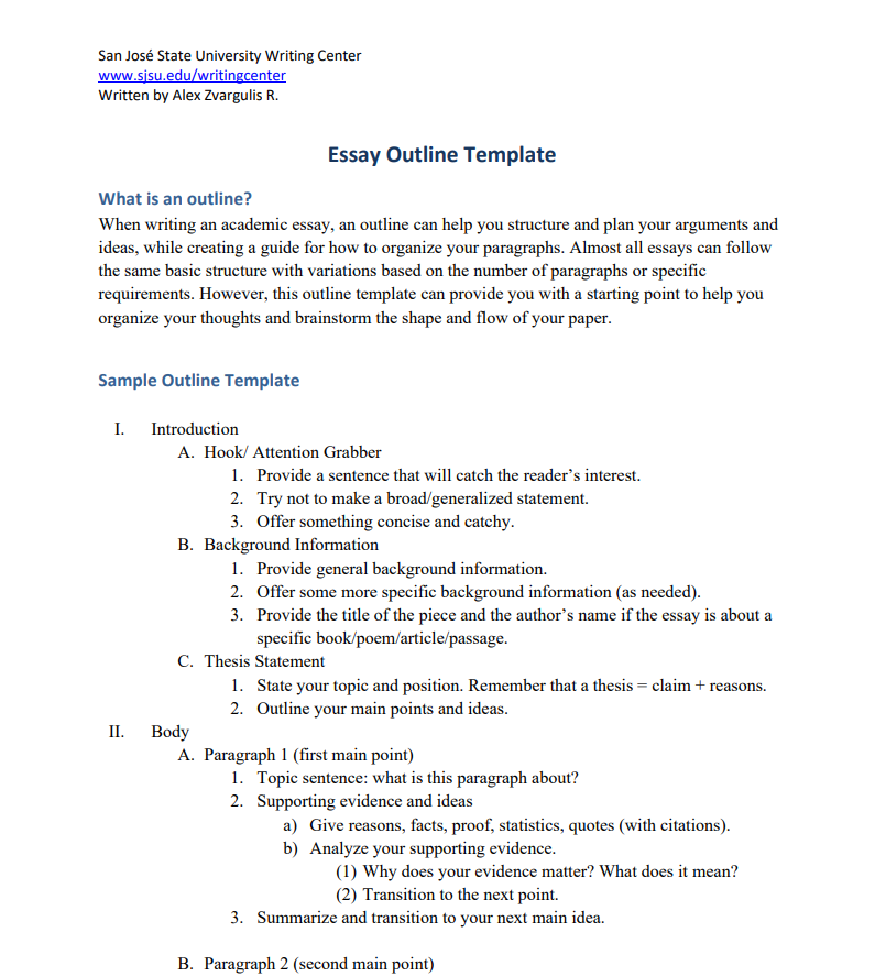 Essay Outline Template Handout