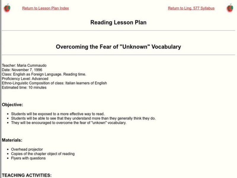 Overcoming the Fear of "Unknown" Vocabulary Lesson Plan