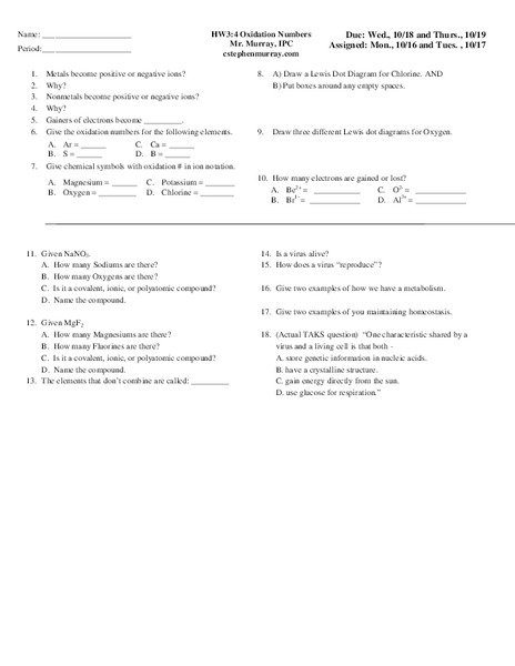 Oxidation Numbers Worksheet