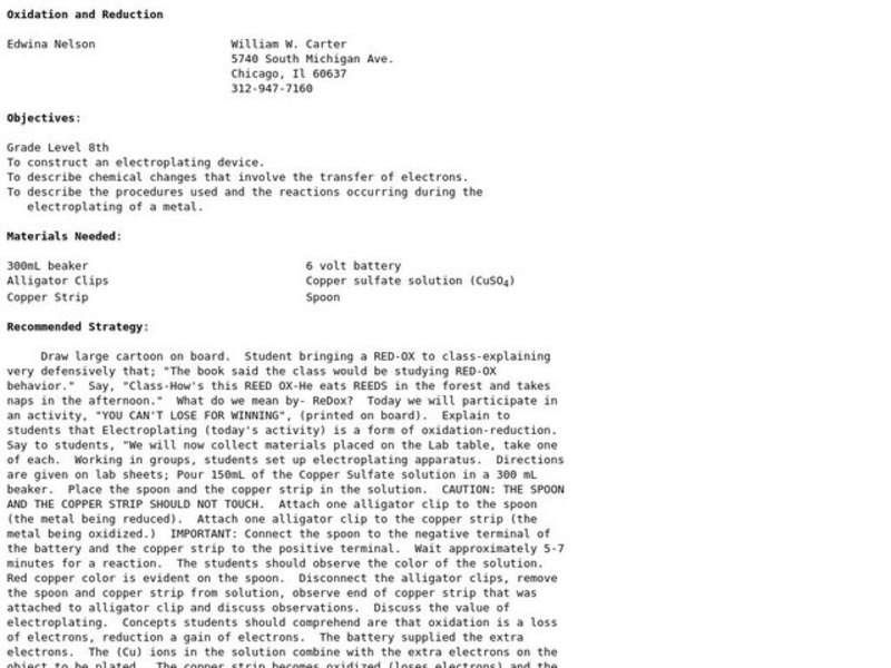 Oxidation and Reduction Lesson Plan
